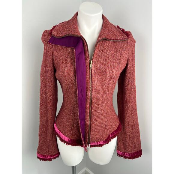 Diane Von Furstenberg Marika Tweed Wool Blend Velvet Fringe Jacket 8 - Picture 1 of 6